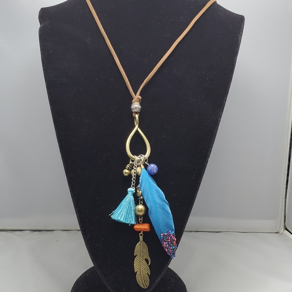 Ruff hewn suede leather cord southwest blue feather tassel pendant necklace